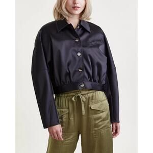 Ganni Black Double Satin Short Cropped Bomber Jacket XS